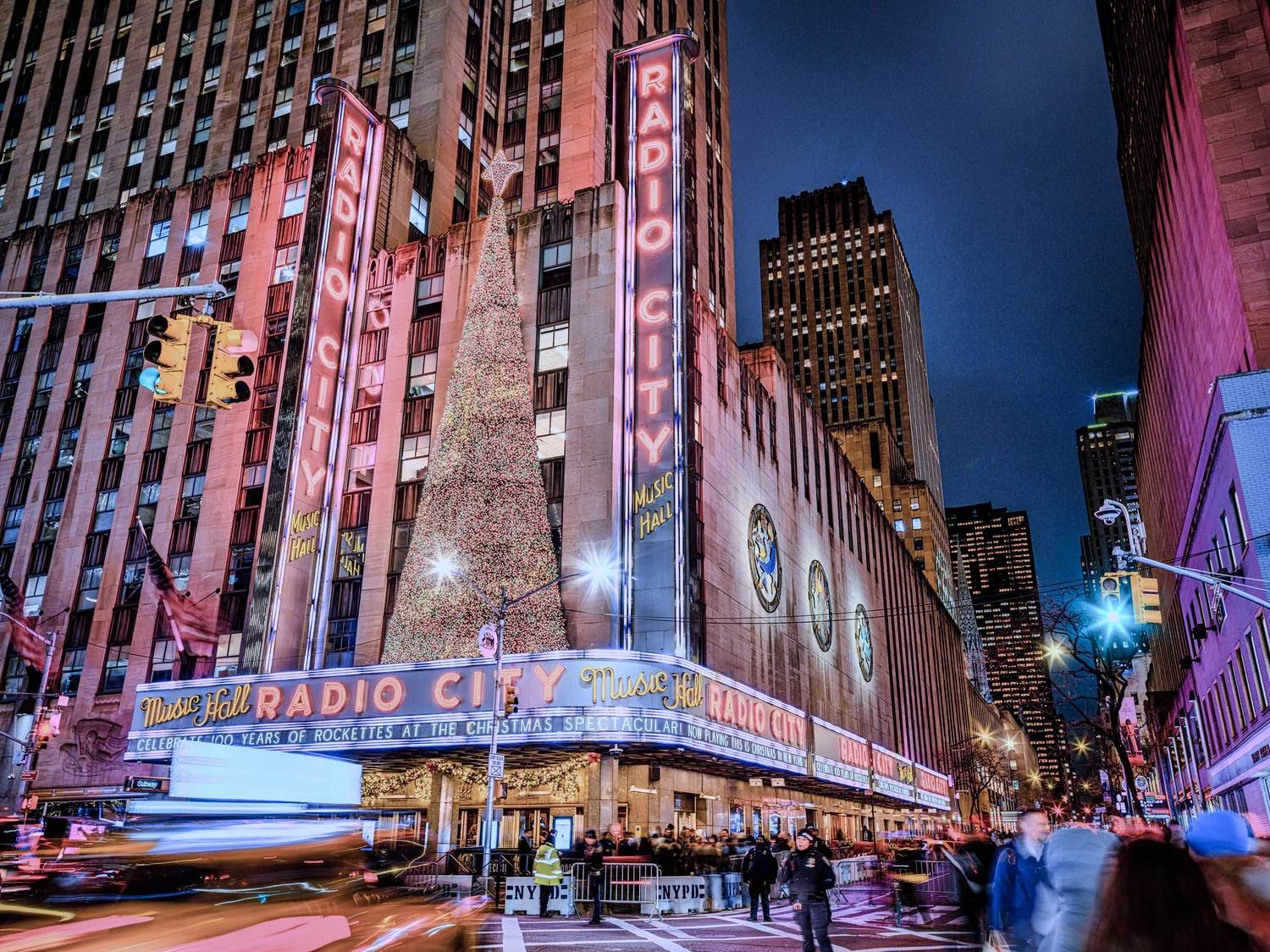 Radio City Music Hall neon marquee at Christmas
