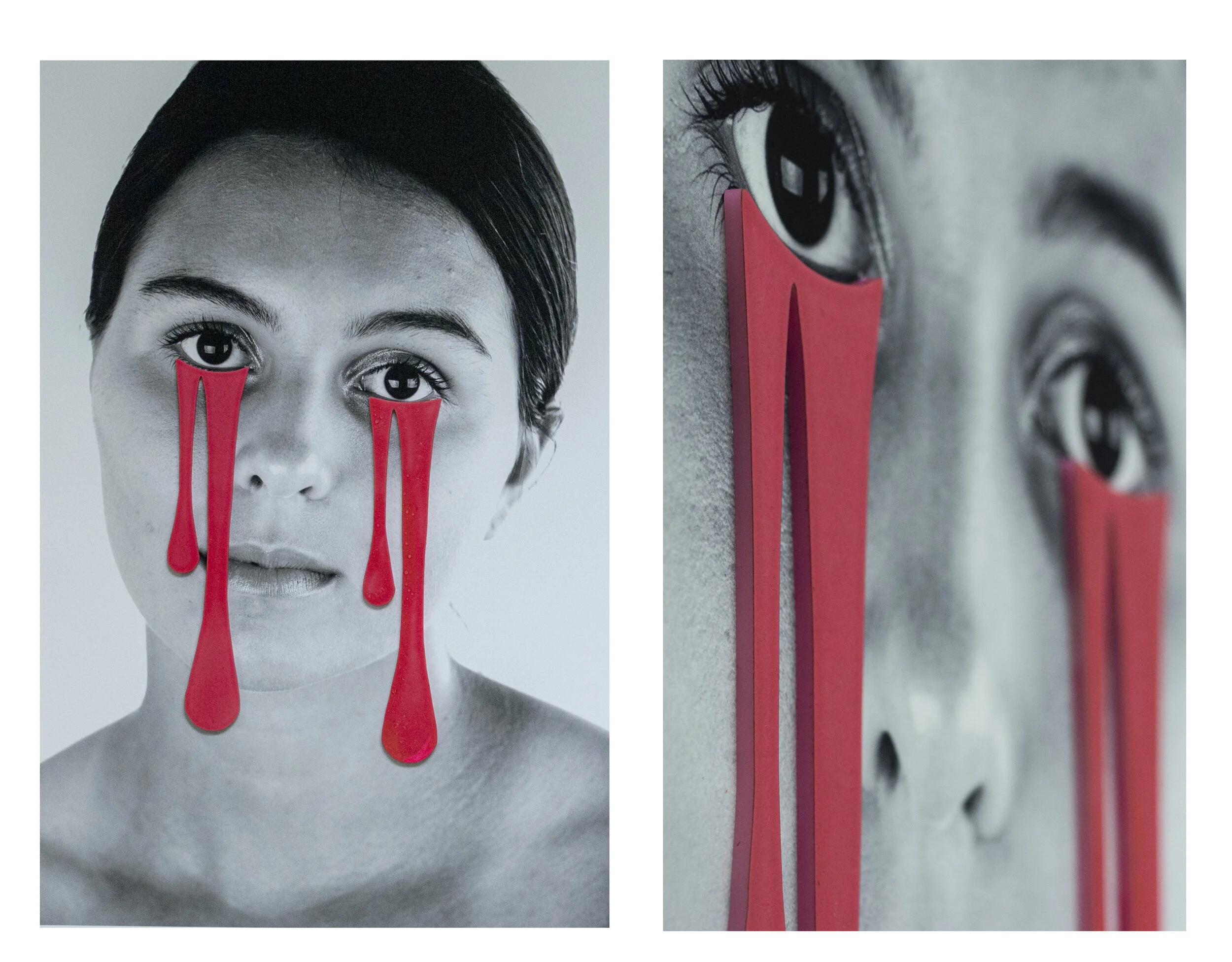 Sara Bowman - "Untitled 1 - Tears"; Digital print with laser cut acrylic shapes and glow-in-the-dark paint