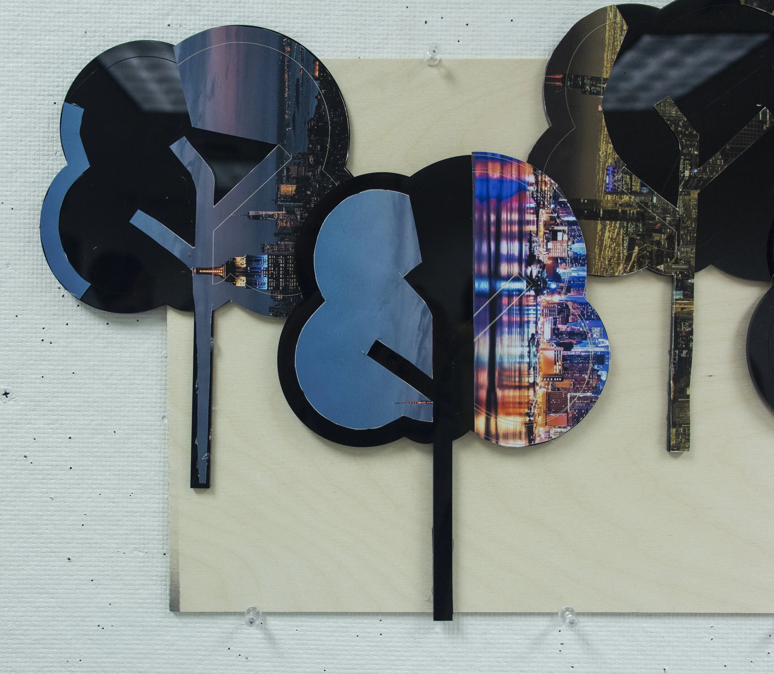 Sami King - "CO​2 ​Trees" (detail); Laser cut/engraved acrylic and digital prints on paper, wood,