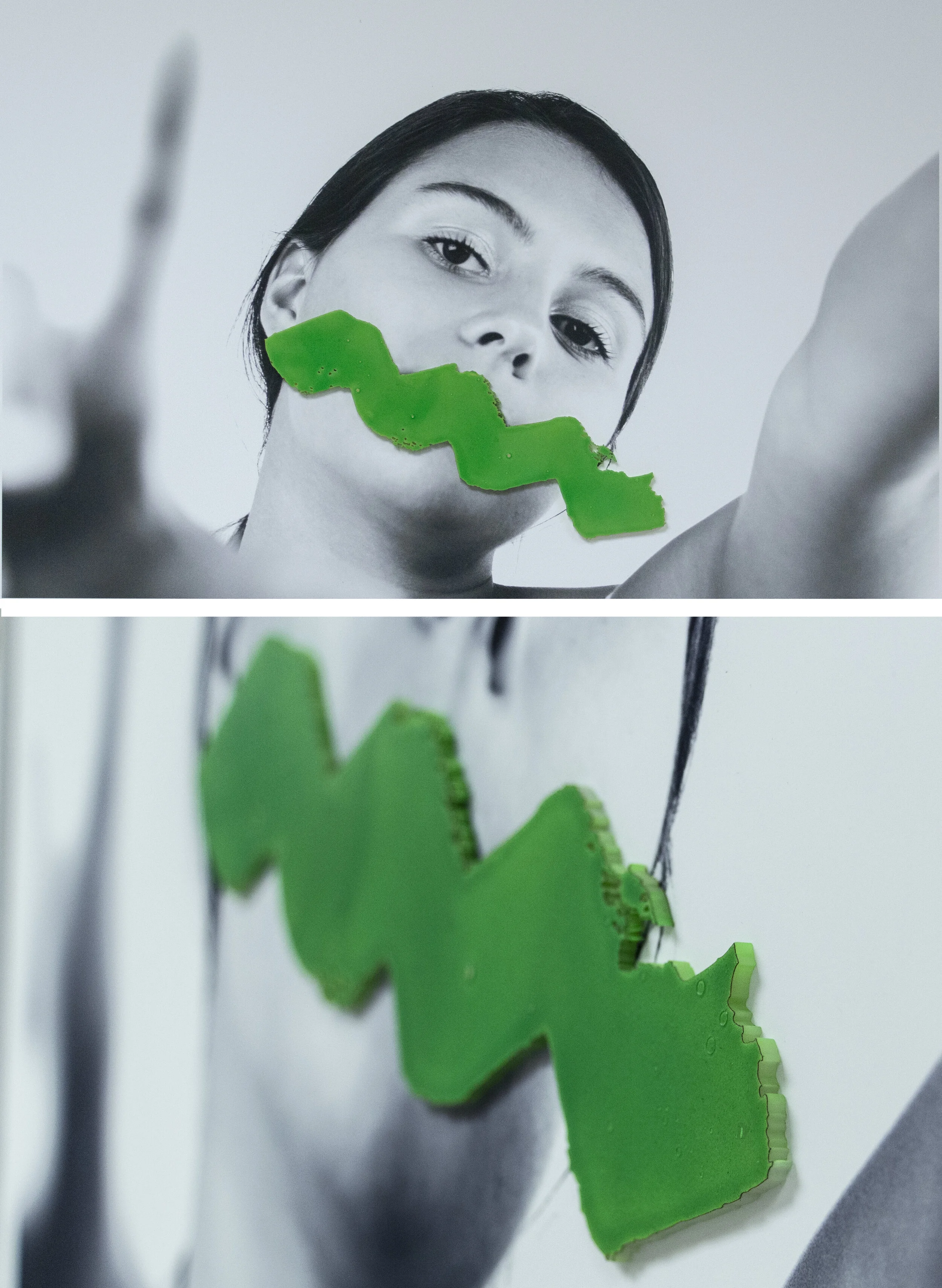 Sara Bowman - "Untitled 3 - Zag"; Digital print with laser cut acrylic shapes and glow-in-the-dark paint