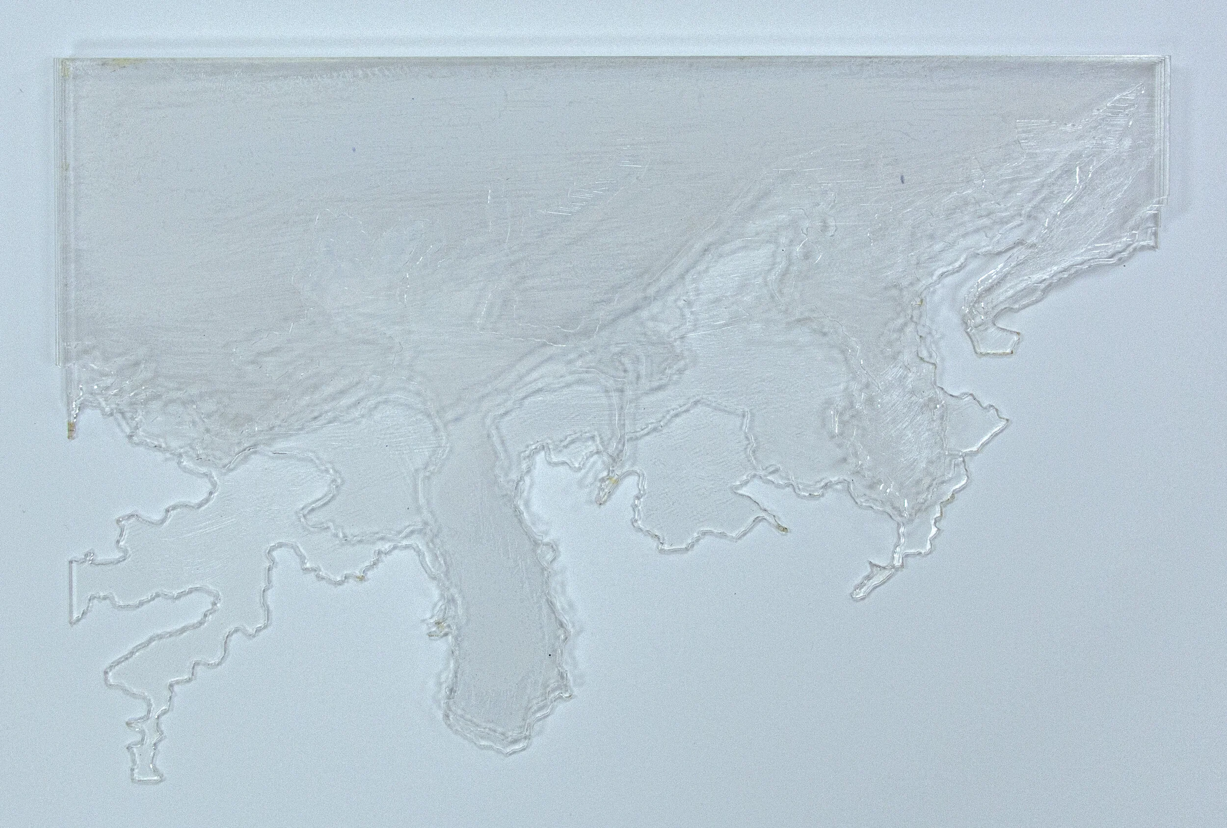 Anne Shine - "A Timelapse"; Laser etched/cut acrylic of six images of an Alaskan glacier taken from Google Earth Timelapse feature