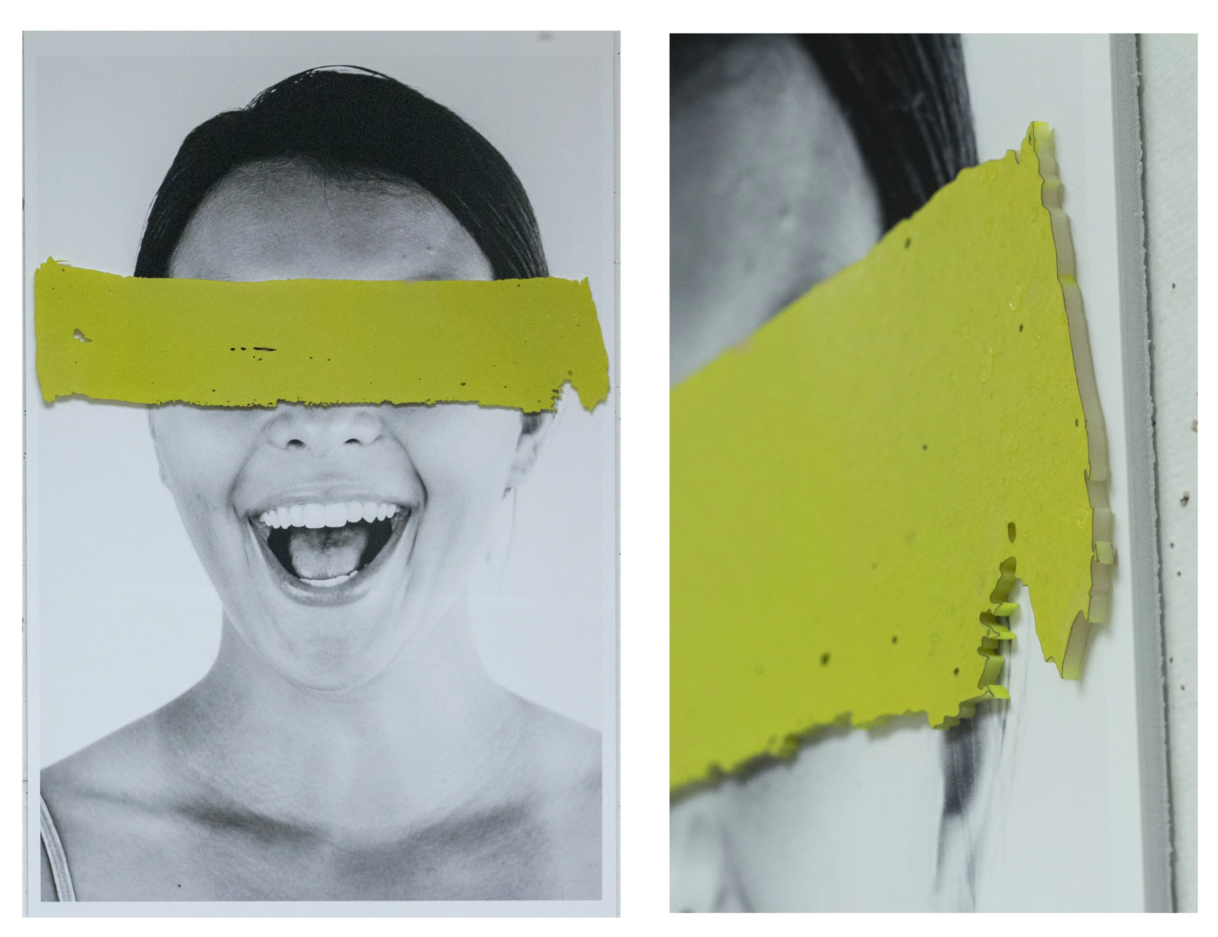 Sara Bowman - "Untitled 2 - Stroke"; Digital print with laser cut acrylic shapes and glow-in-the-dark paint