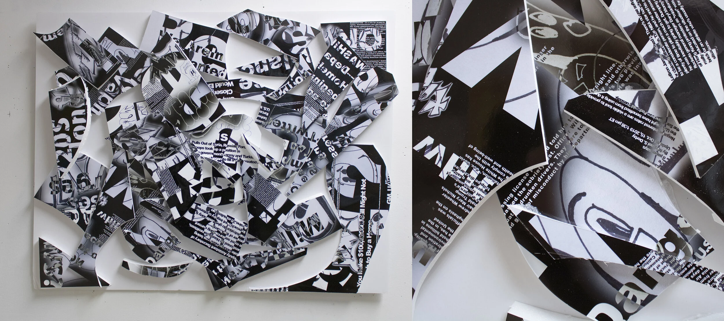 Sami King - "News/Noise/Nonsense"; Various news headlines plus hand drawn elements mounted on foamboard.