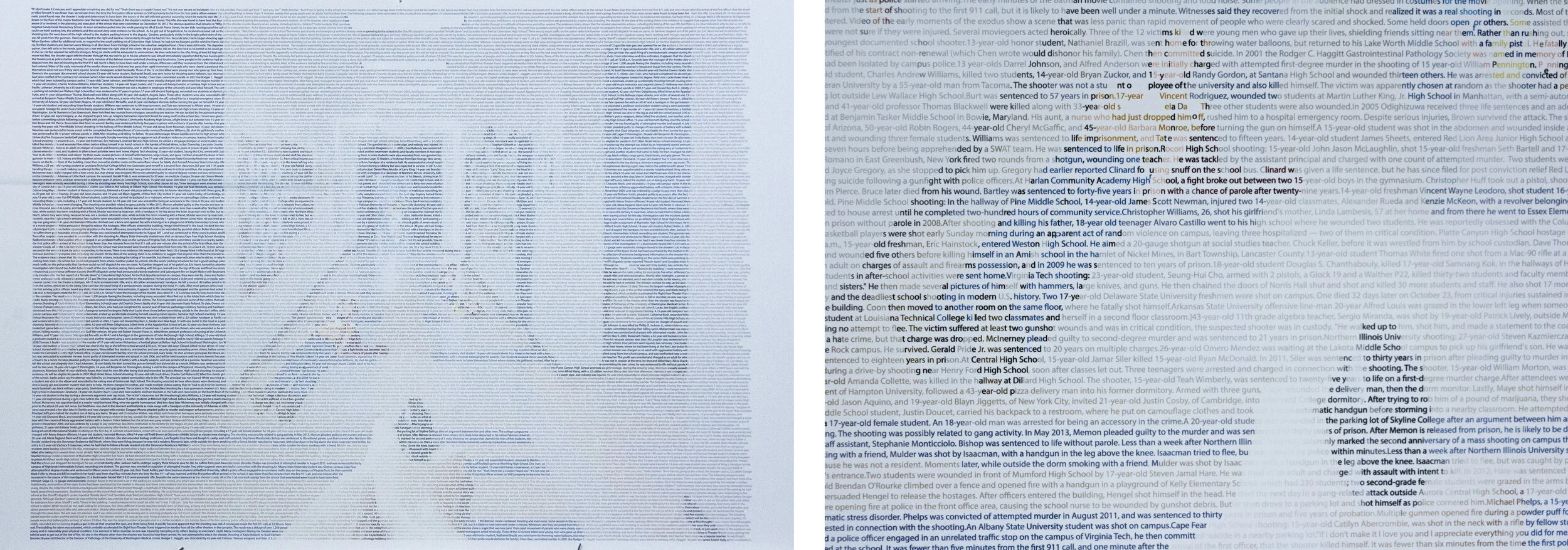 Oscar Flores-Montero - "First Day of School/Last Day of School"; Composite image composed from police reports following school schootings in America.