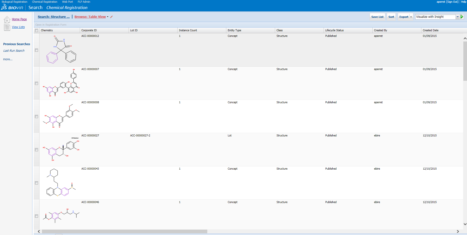 Display of a search by substructure in the registration database.