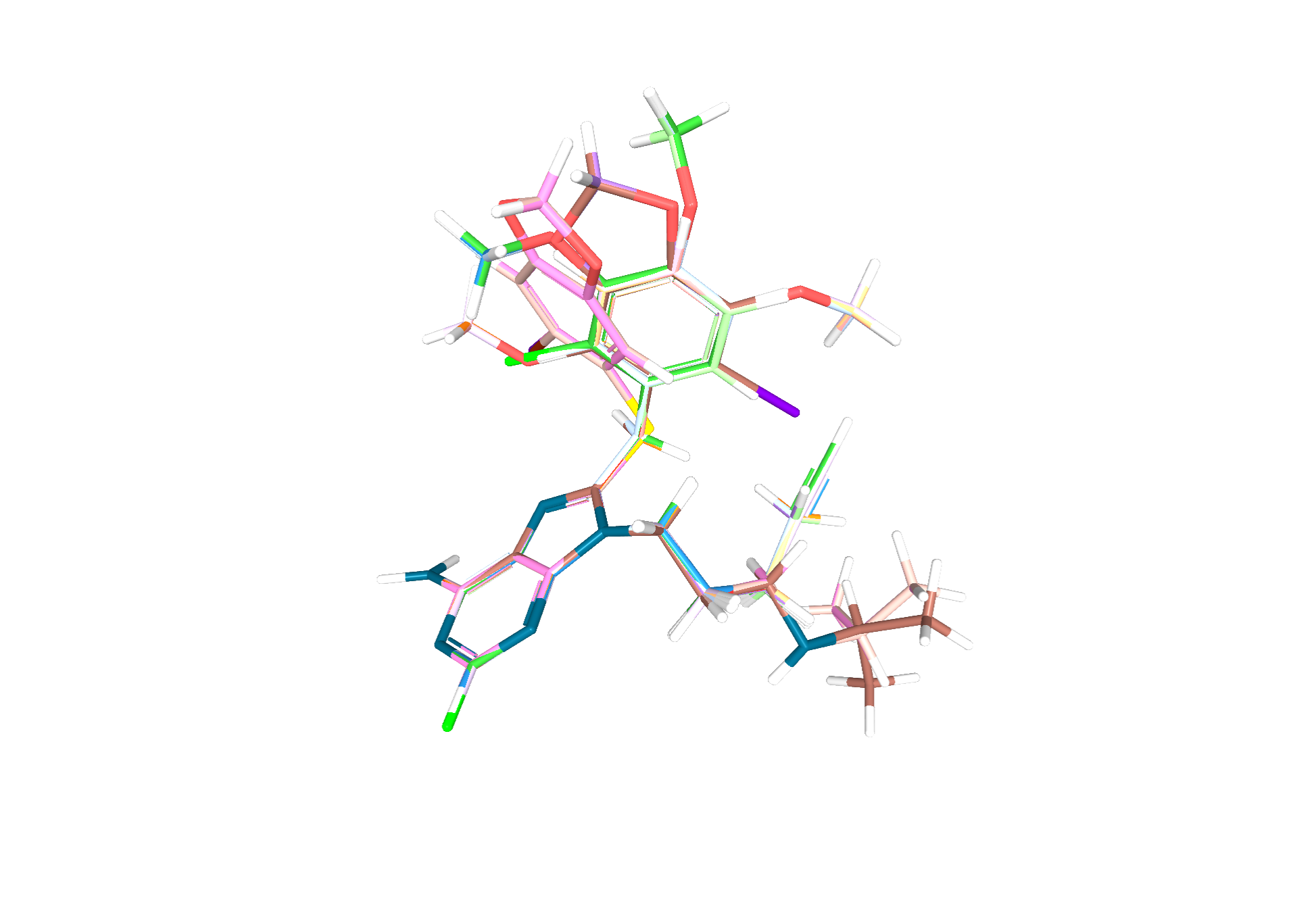 Final aligned and minimized molecules - all adenins are perfectly aligned and even other parts of the molecule are as well, if the MCS was bigger than the adenine fragment.