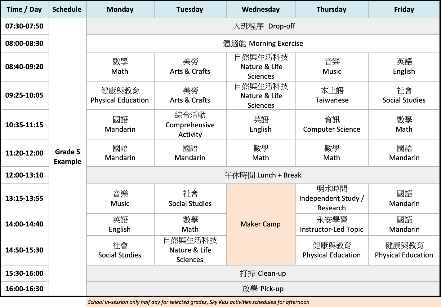 Class Schedule - Grade 5 Example