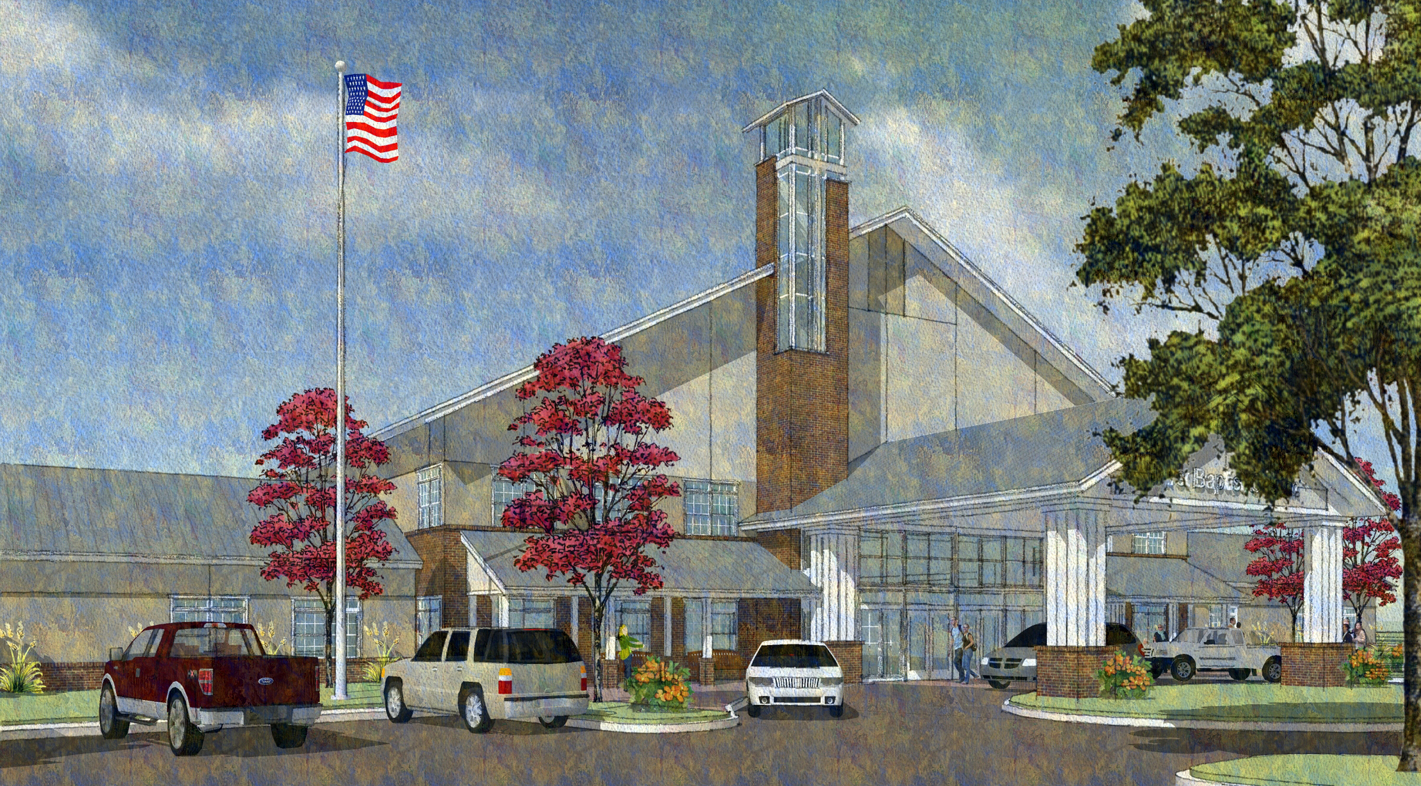 Illustration of a modern church building with a flagpole displaying the American flag, surrounded by cars and landscaping with flowering trees.