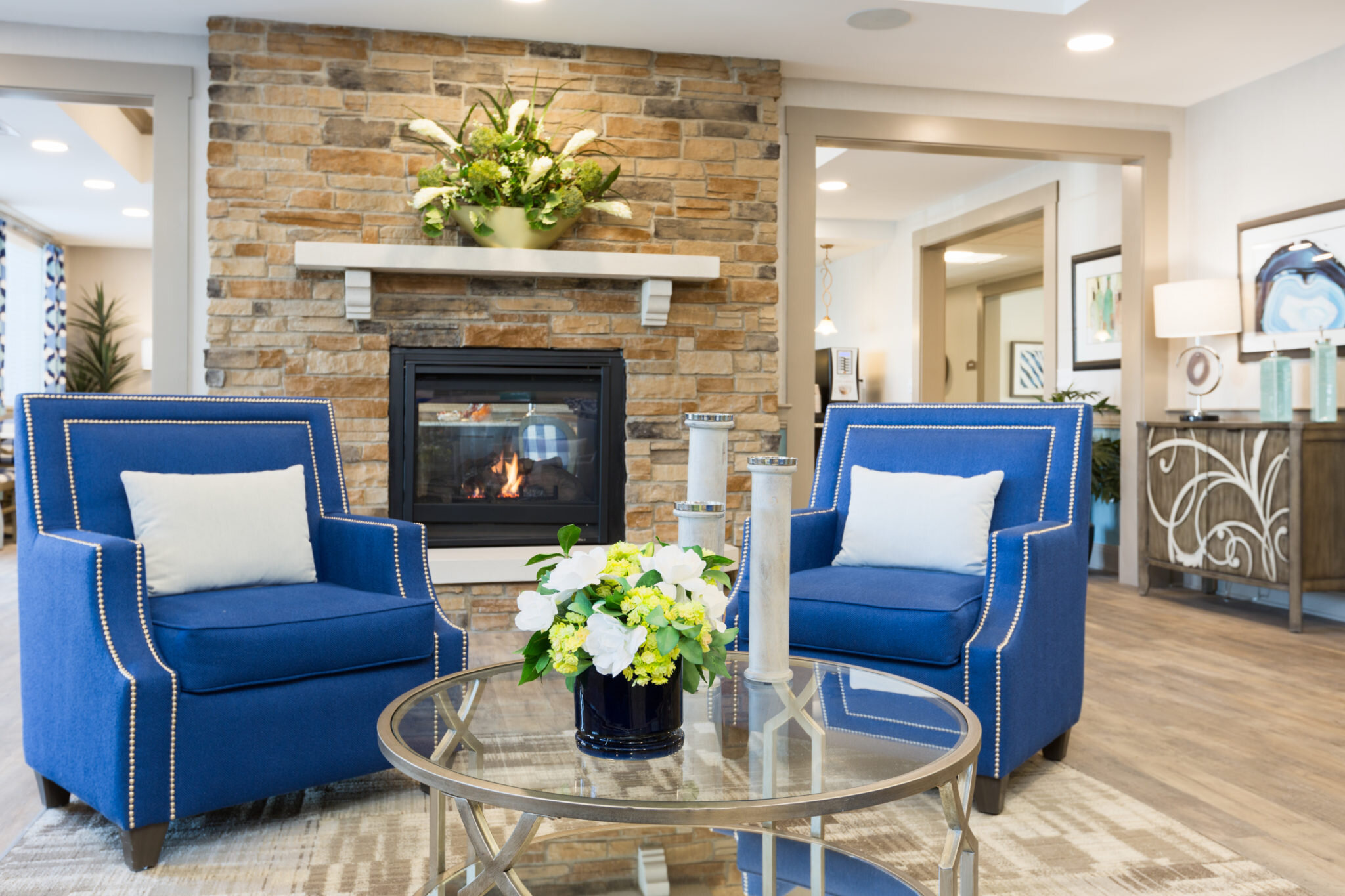 Burr Ridge Independent Living, Assisted Living & Memory Care Lobby Fireplace.jpg