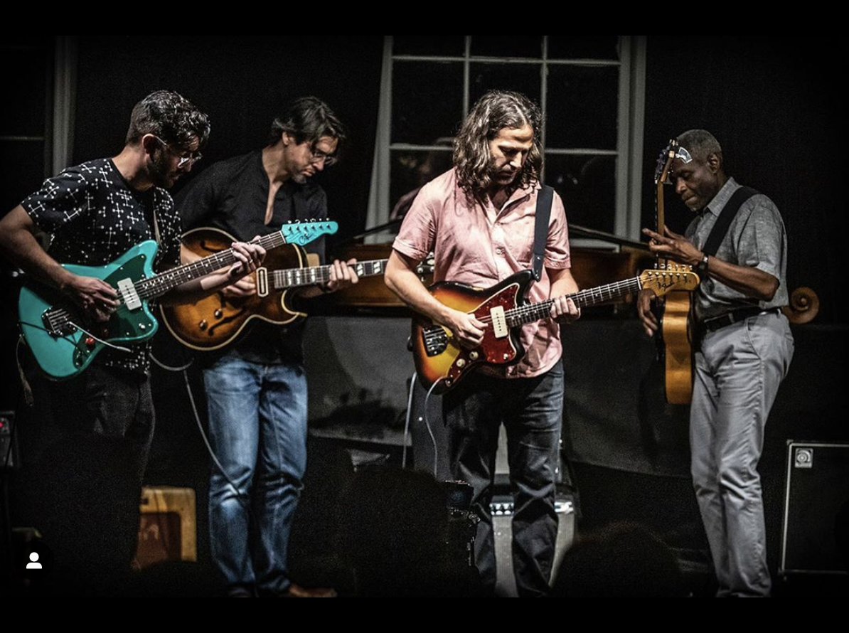  Guitarists Nick Millevoi, Miles Okazaki and Jonathan Goldberger, alongside bassist Jerome Harris. Sound It Out’s “Monk on Guitars 2”. Greenwich House Music School, June 25, 2019. (Photo: Wes Orshoski) 