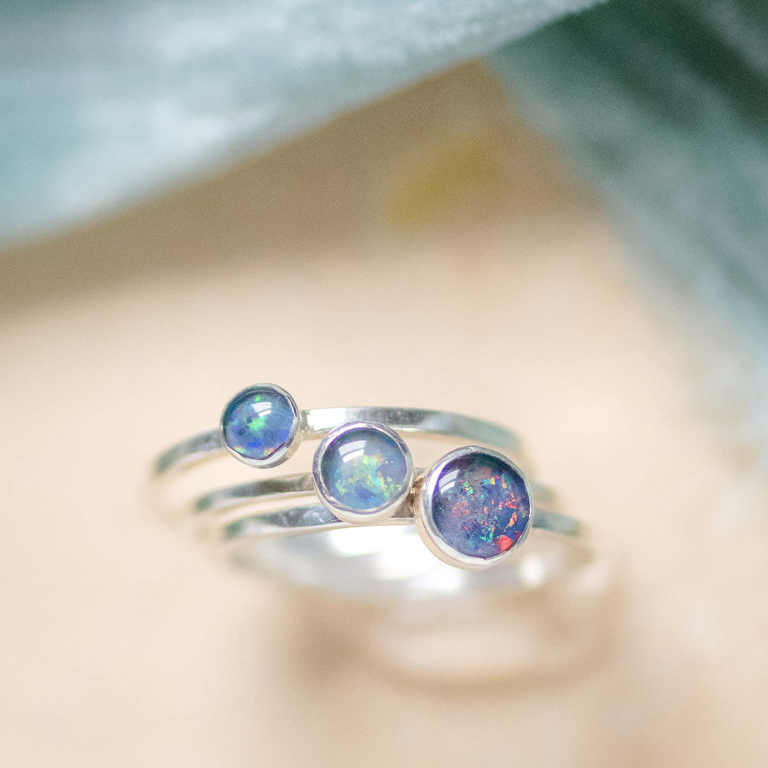 Be happy, be bright, be you set of opal rings.