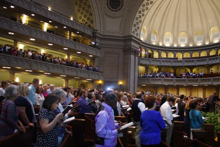 Christian Scientists sing at The First Church of Christ, Scientist, in Boston, MA