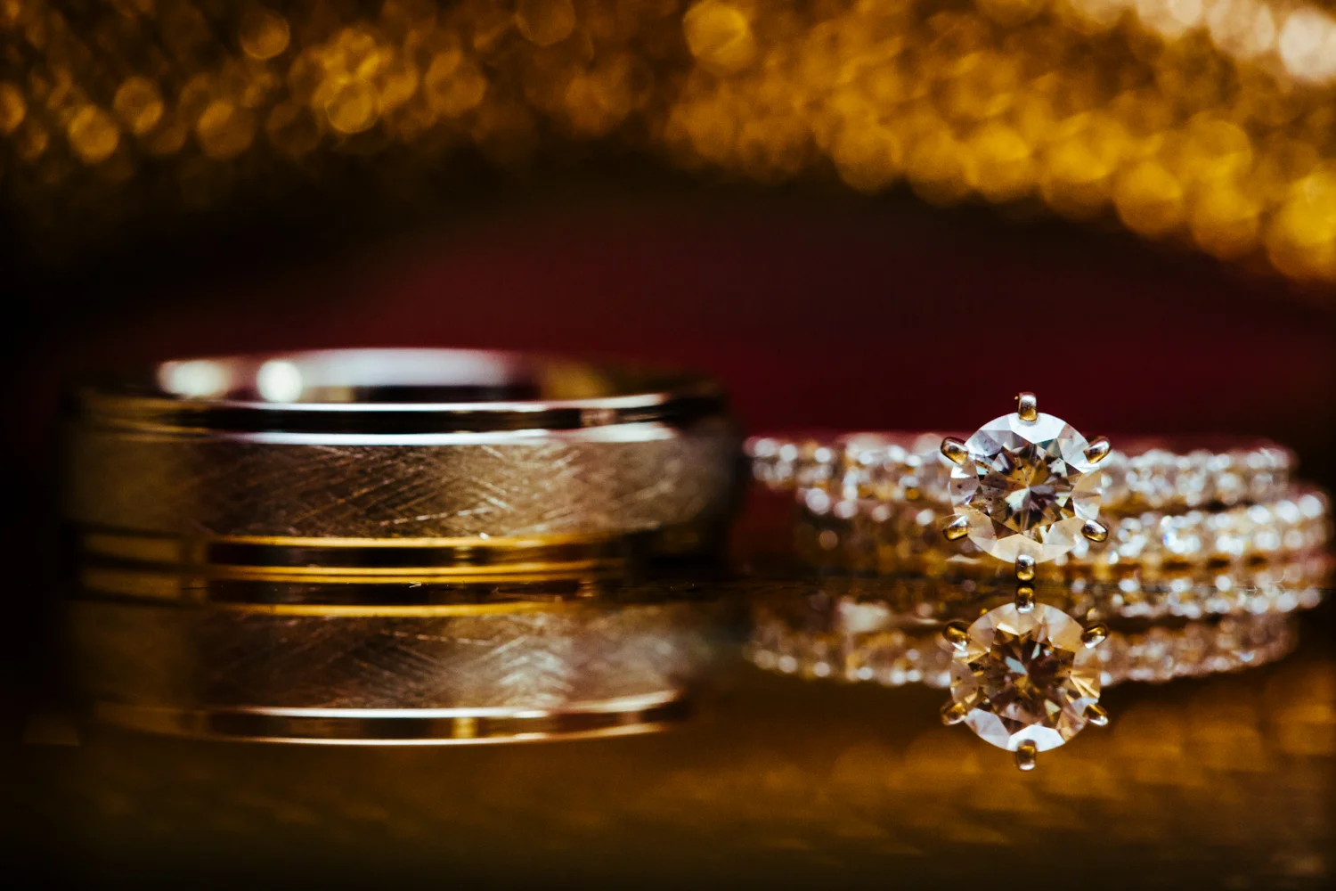 Up close image of diamond wedding rings.