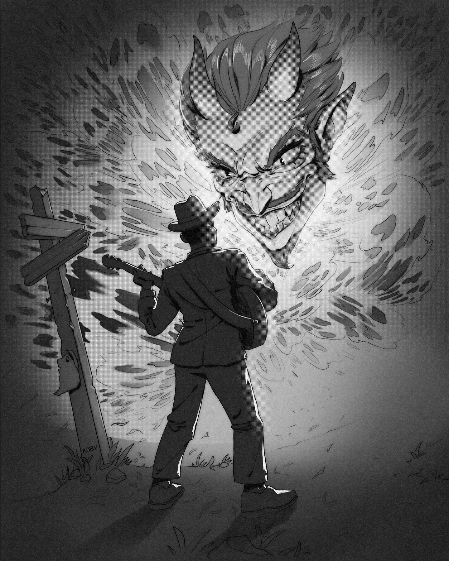 Inktober Day 18: Deal 🎸

The ultimate bargain; a pact signed with a soul for eternity. The choice is made and the price is steep.

Honestly I&rsquo;ve been really wanting to watch Sinners again this month and have had this idea on the brain for a mi