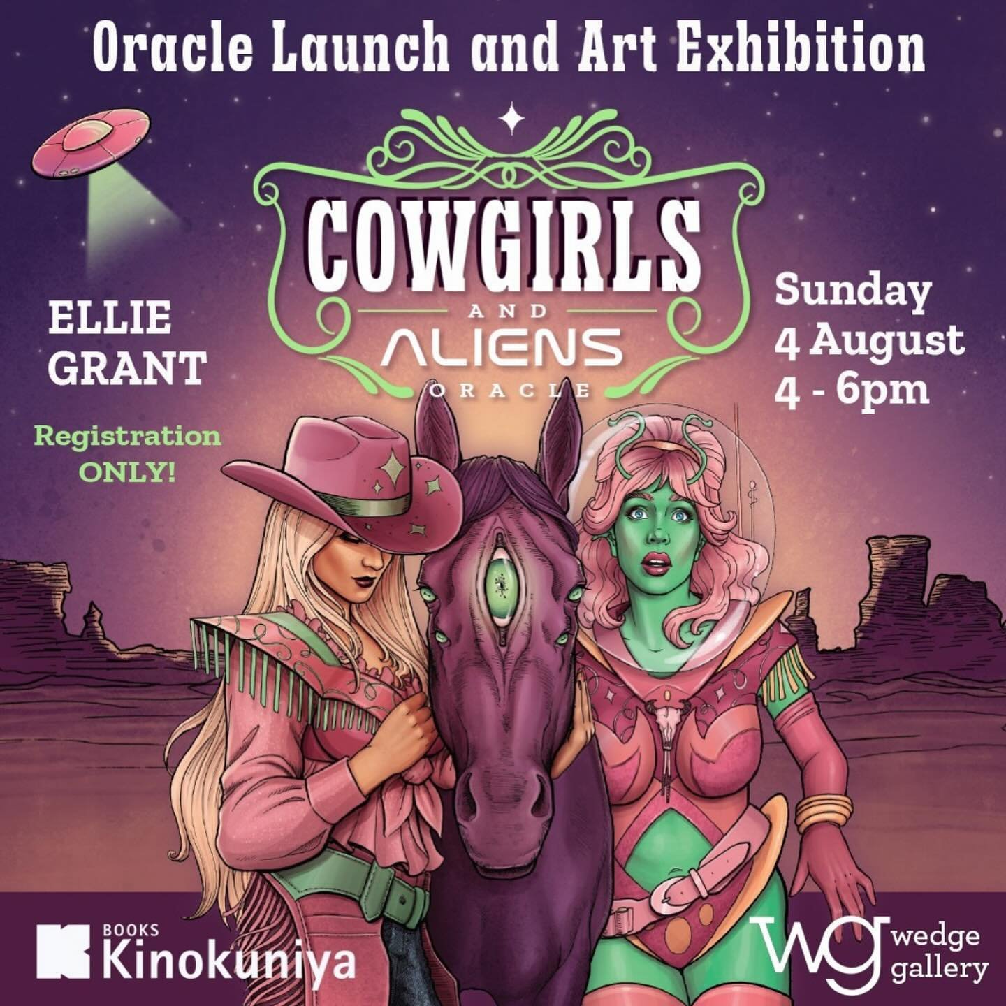 Come and celebrate the launch of my Cowgirls and Aliens oracle deck and see some original artworks! 😍✨ I&rsquo;ll be having an exhibition in Wedge gallery and showing some huge oil paintings as well as all of the ink drawings from creating the oracl