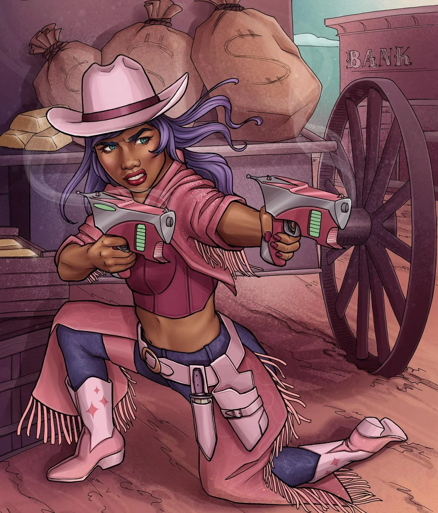The Outlaw ✨ You can&rsquo;t run forever, sometimes you have to turn and face whatever&rsquo;s coming for you 🤠 This was such a fun illustration to make, I really wanted to try and make it dynamic and show her in the midst of battle! ☺️✨ What do you