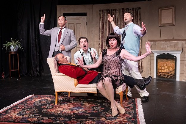 One-Act-Goes-Wrong-Joe Healy (laying) Gary Cash (L) Dave Cole (middle) Alex Fox (R) Lisamarie Harrison (sitting) small.jpg