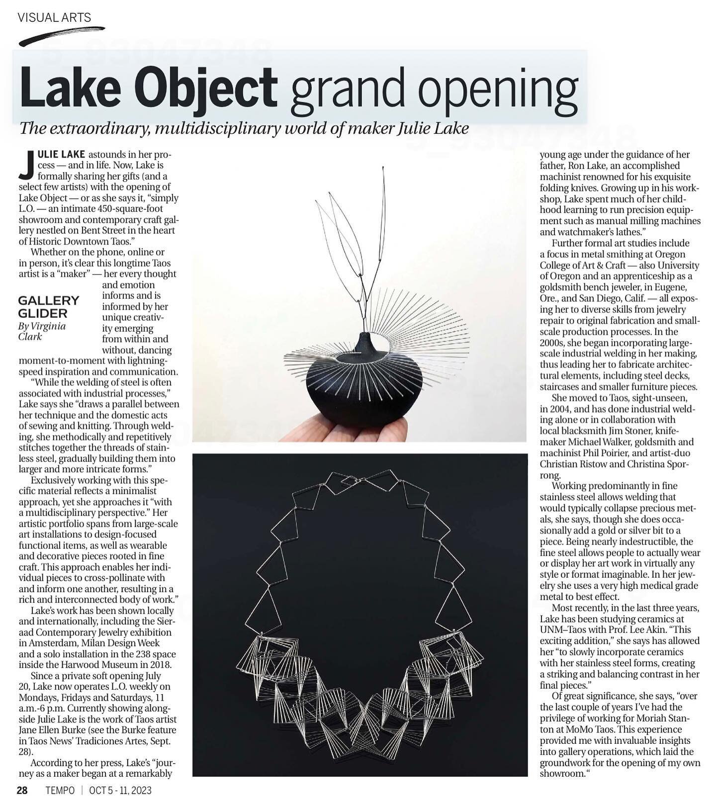 Thank you, Virginia Clark and the Taos News Tempo staff for this article about the new showroom! 

I&rsquo;m having a grand opening weekend this Friday and Saturday (Oct. 6&amp;7) from 11am-6pm. It&rsquo;ll be a casual affair&hellip; mostly a meet &a