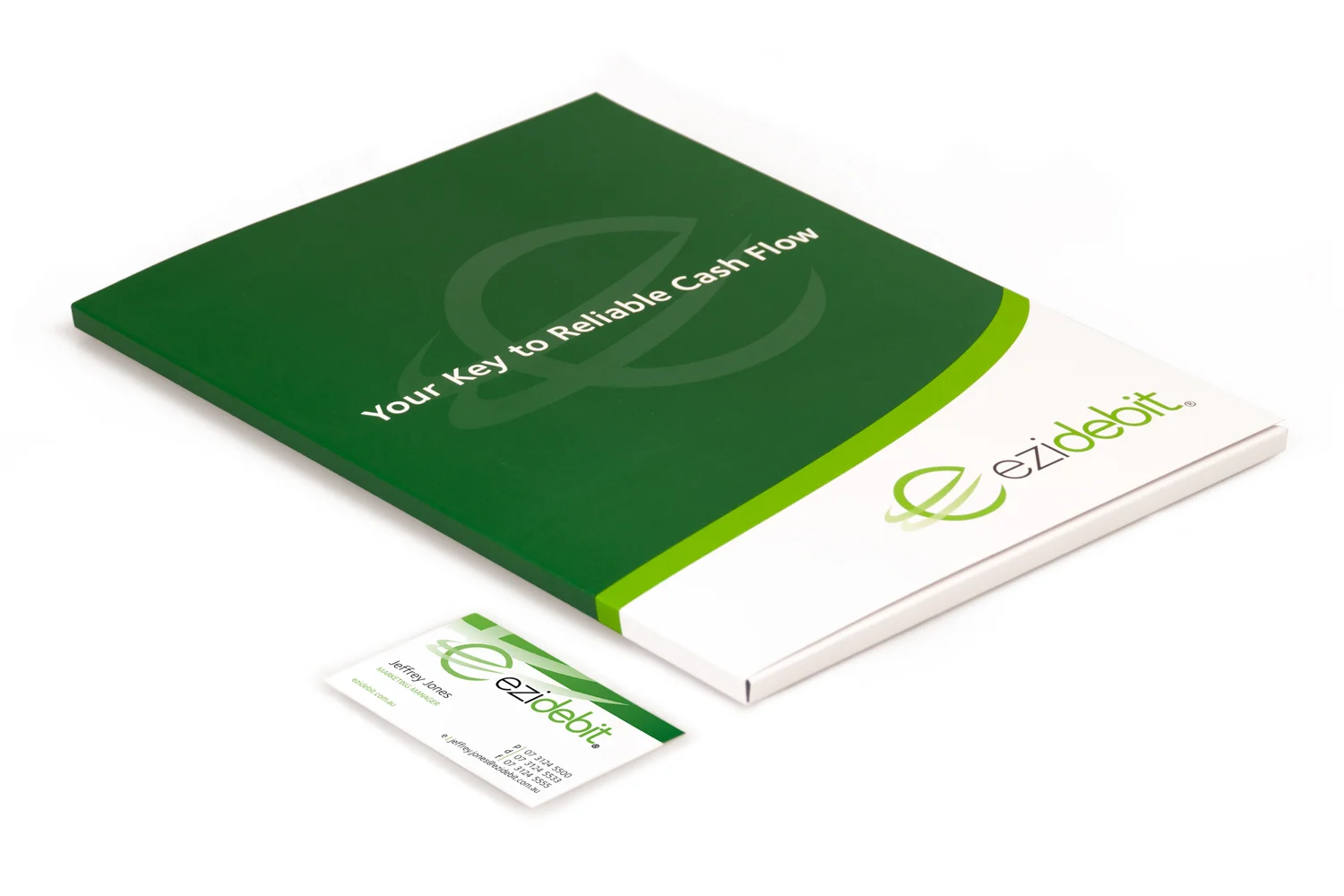 Presentation Folder: 2 PMS + Spot UV Varnish, 350gsm Cambric Arctic, diecut and supplied folded Business Card: 90mm w x 55mm h, 3 PMS / 2 sides, 300gsm Cambric Arctic