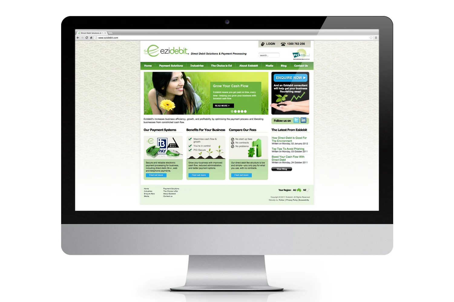 The corporate website I built for Ezidebit (above). A separate resource centre website, built for Ezidebit clients to access training videos, documents and request merchandising materials (below).