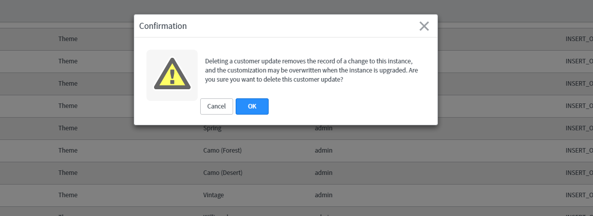 Delete prompt on an update set