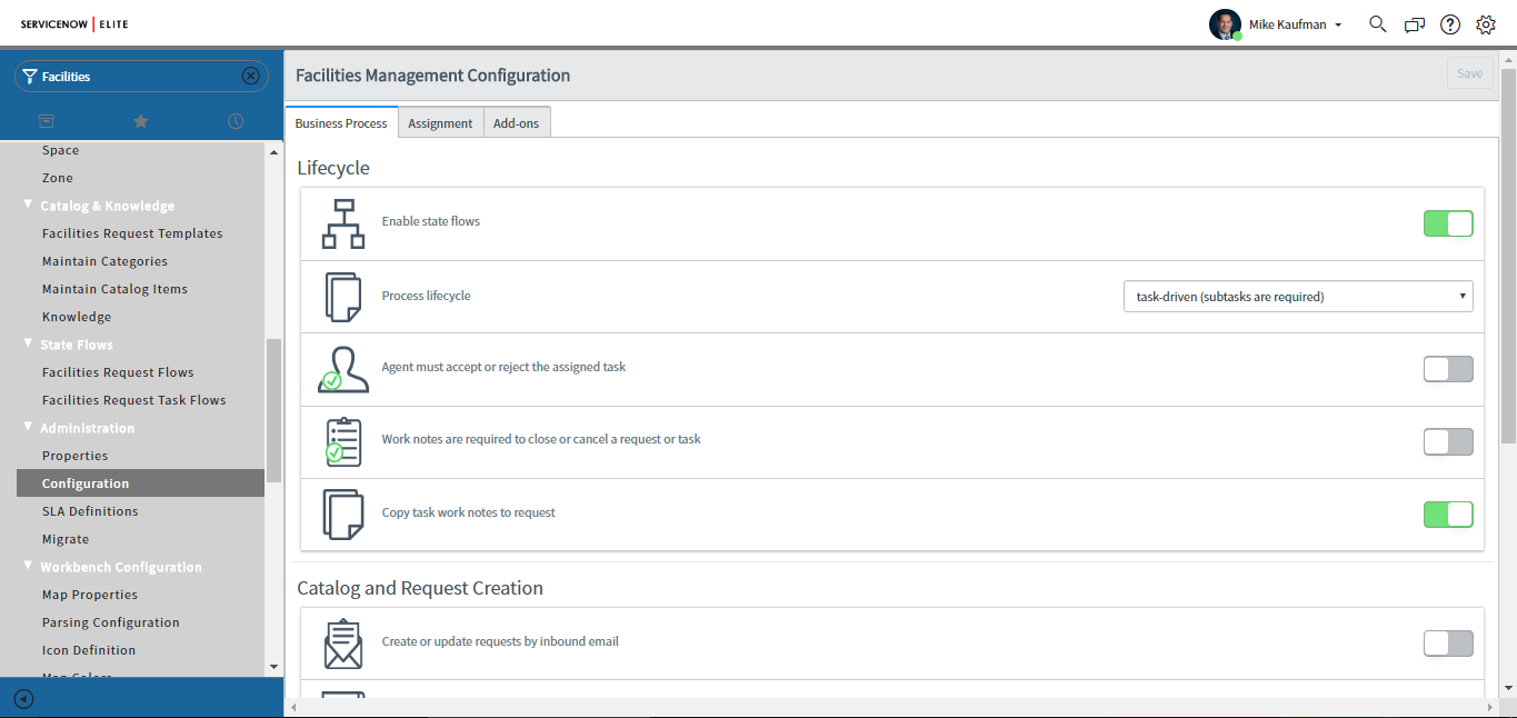 Facilities Management Configuration Page