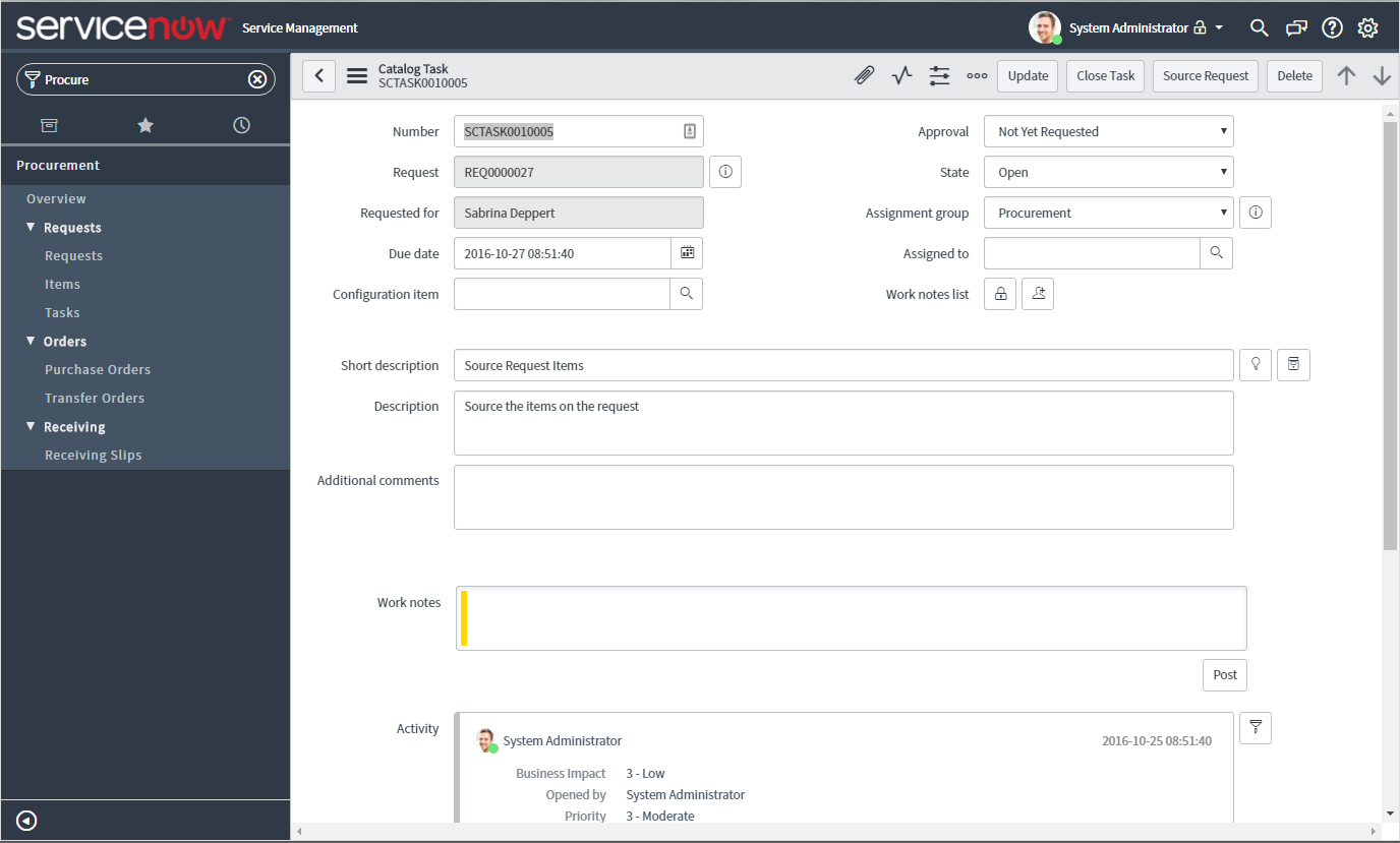 Source Request button on Catalog Task