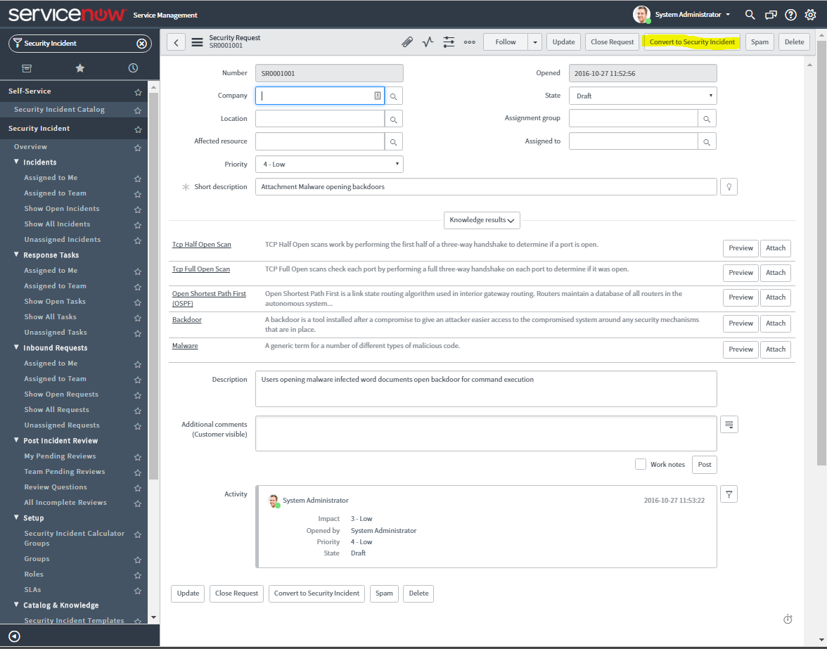Security Request - Convert to Security Incident