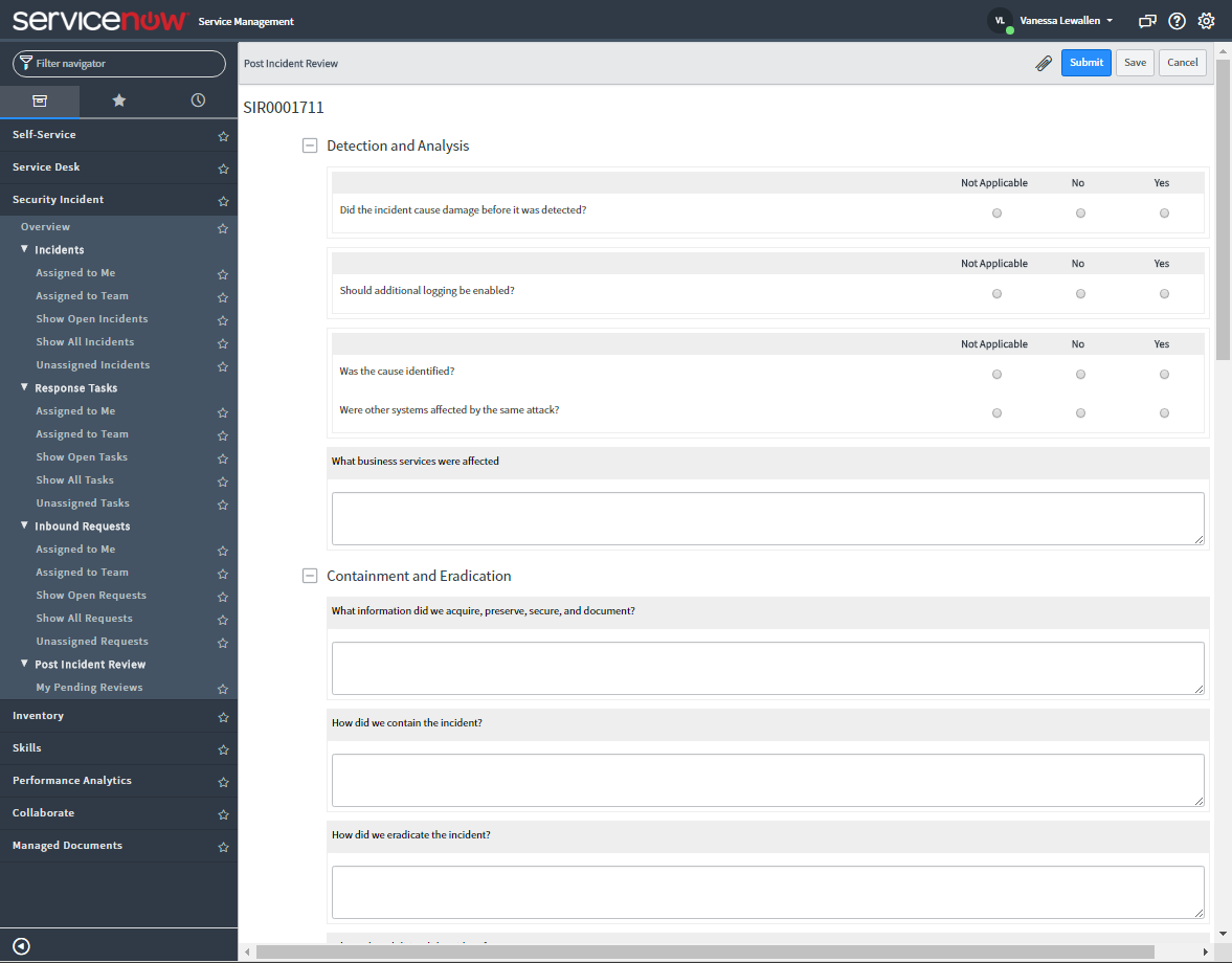Security Incident - Post Incident Review Screen 2