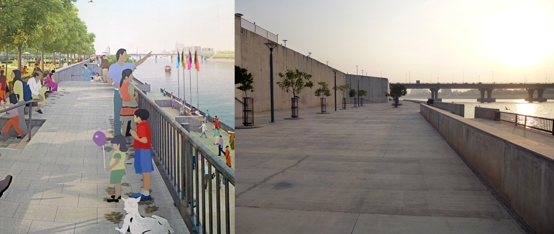 The city’s vision for the Sabarmati River (left) and how a particular section of it has turned out in reality (right)