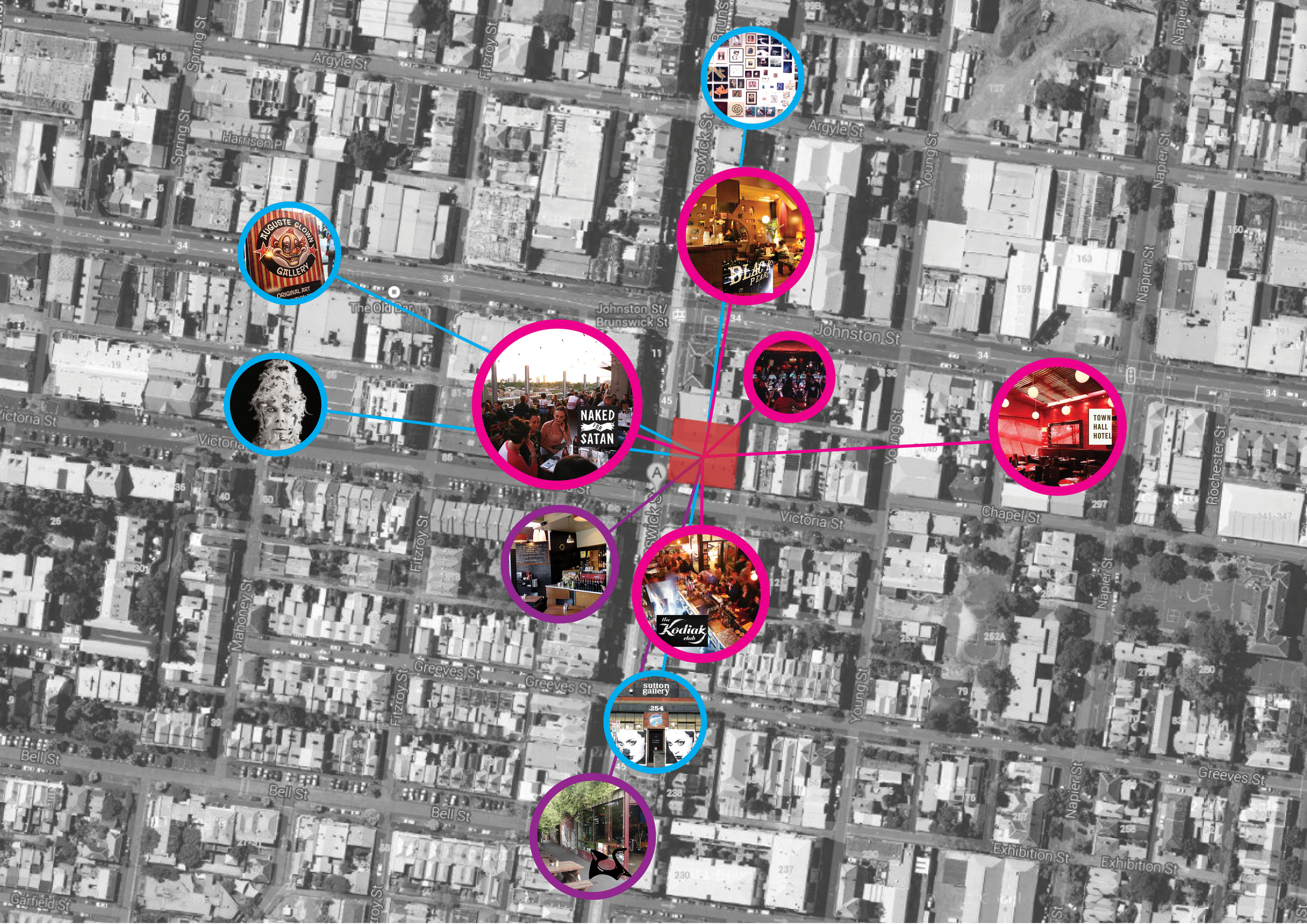 image : site context - neighbouring iconic establishments . Just a sneak preview of the current studio I'm embarking called 'Vertical Laneway', supervised by Ivan Rijavec . The site is located at the corner of Brunswick and Victoria Street in Fitzroy; surrounded by eccentric bars, cafes and street culture distinctly found only in Fitzroy. More information and details about the studio will be released later. Stay tuned!