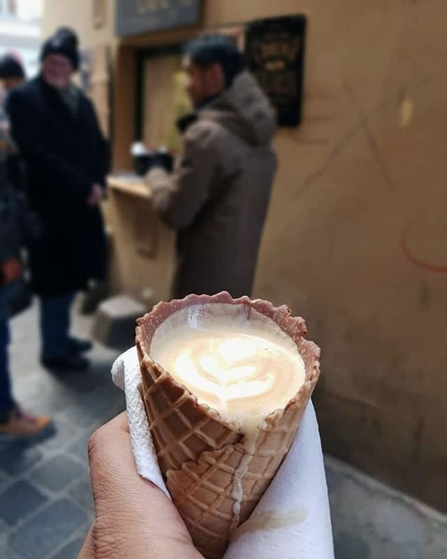 now for a coffee and dessert hybrid, visit Fenster Cafe (literally just a window) in Vienna for their Cornettocinno which is latt&egrave; in a chocolate coated cone.

if you only have time to grab ONE coffee in Vienna, this may just be it - yes, it's