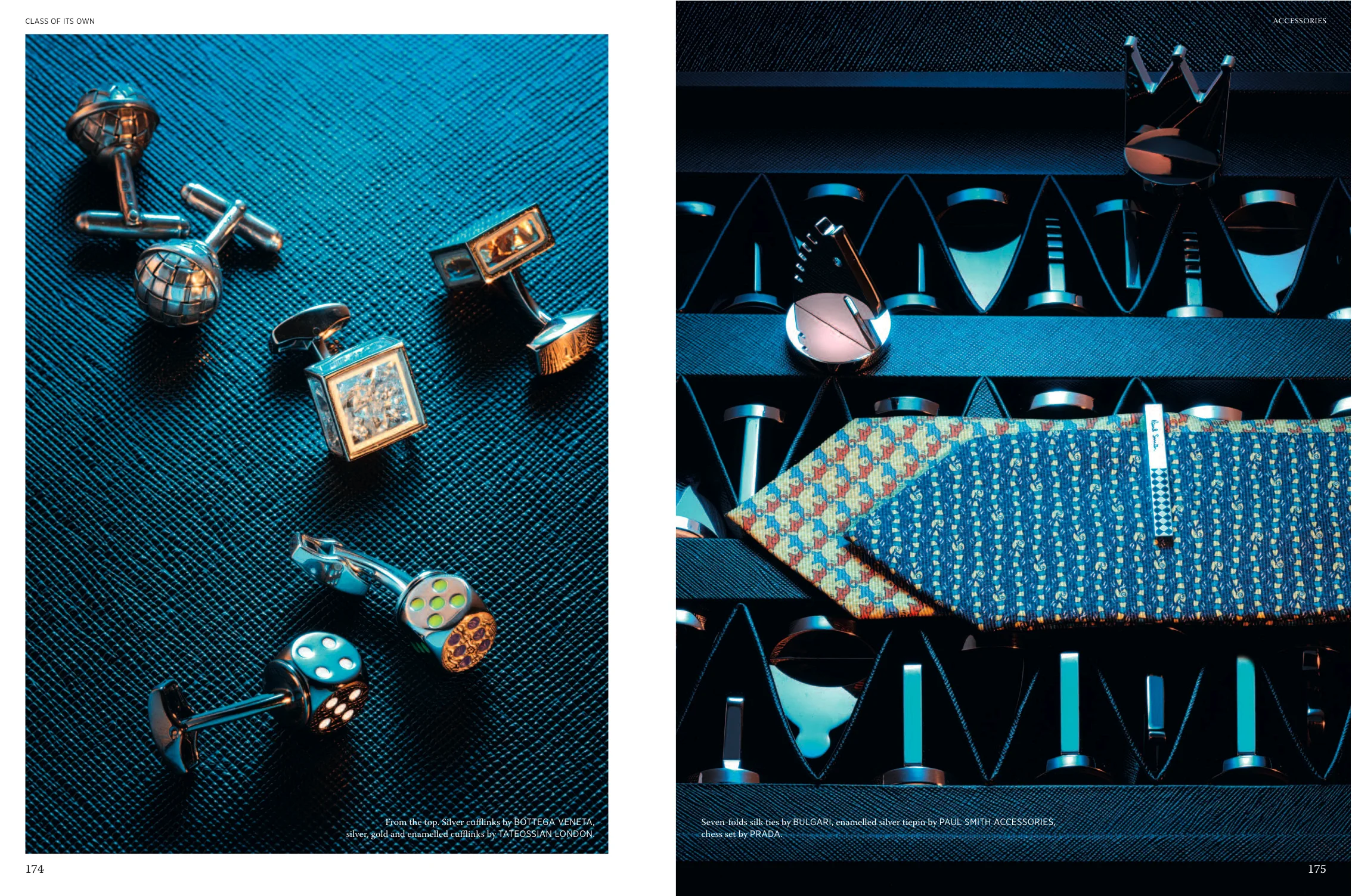 Cufflinks by BOTTEGA VENETA and TATEOSSIAN LONDON, ties by BLUGARI, tiepin by PAUL SMITH ACCESSORIES, chess set by PRADA.