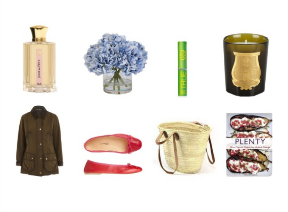 Top: The grand return of Jour de Fete ( L'Artisan Parfumeur) , Hydrangeas, Be True lipbalm ( Tata Harper ), La Marquise candle ( Cire Trudon ). Bottom: Classic Barbour jacket , colorful ballerinas ( Porselli ), Frenchmarket straw basket ( Brookfarm General Store ), Ottolenghi's Plenty .