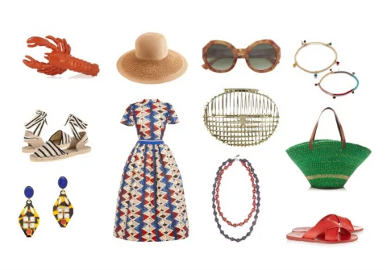 Lobster Ring ( Virzi + De Luca ) , Straw Hat ( J Crew ), Sunglasses ( Dries Van Noten ), Bracelets ( Shashi ), Espadrilles ( Soludos ), Dress ( Stella Jean ), Cage Clutch ( Anndra Neen ), Straw Bag ( Muun ), Tortoise Earrings ( J Crew ), Necklace ( Missoni + V&A ), Leather Sandals ( Ancient Greek Sandals ).