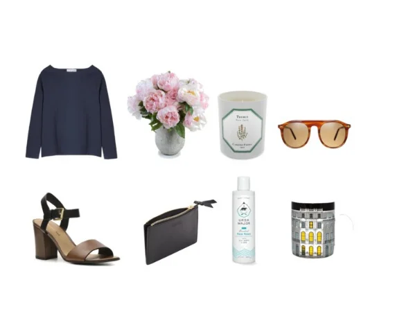 3/4 Sleeve Boat Neck Shirt ( Apiece Apart ), Pink Peonies, Thyme Candle ( Carriere Freres ), Horn with Cognac Sunglasses ( Autodromo ), Block Heel Sandals ( Franco Sarto ), Zip Pouch ( Lotuff ), Face Toner ( Ursa Major ), John Soane House Mug .