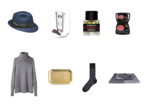 Top: Borsalino hats , Buly 1803 Pommade Virginale , Frederic Malle Portrait of a Lady , Chanel Joues Contraste Blush in "Canaille" . Bottom: Grey chunky sweaters like this one , brass trays for organizing jewelry and small accessories, men's socks, Japanese chambray towels .