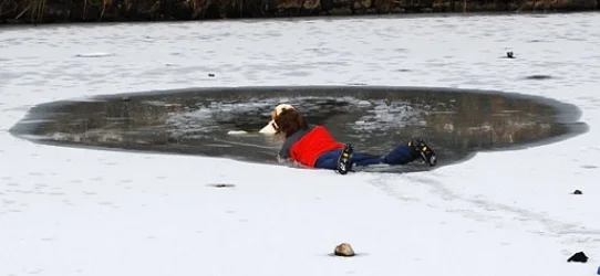  Notice that the lady is starting to go through the ice.