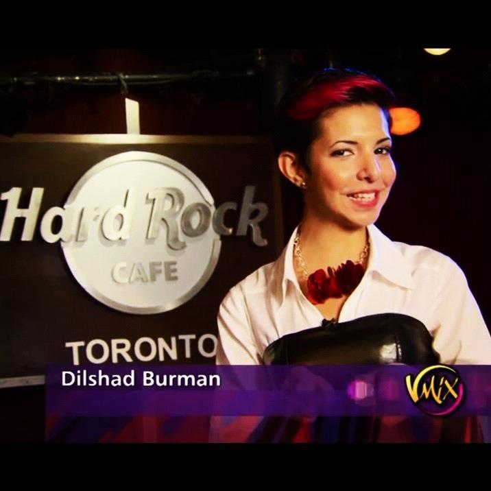 V-Mix on Omni host, Dilshad Burman wearing the Rose Petal necklace by Very Valero. 