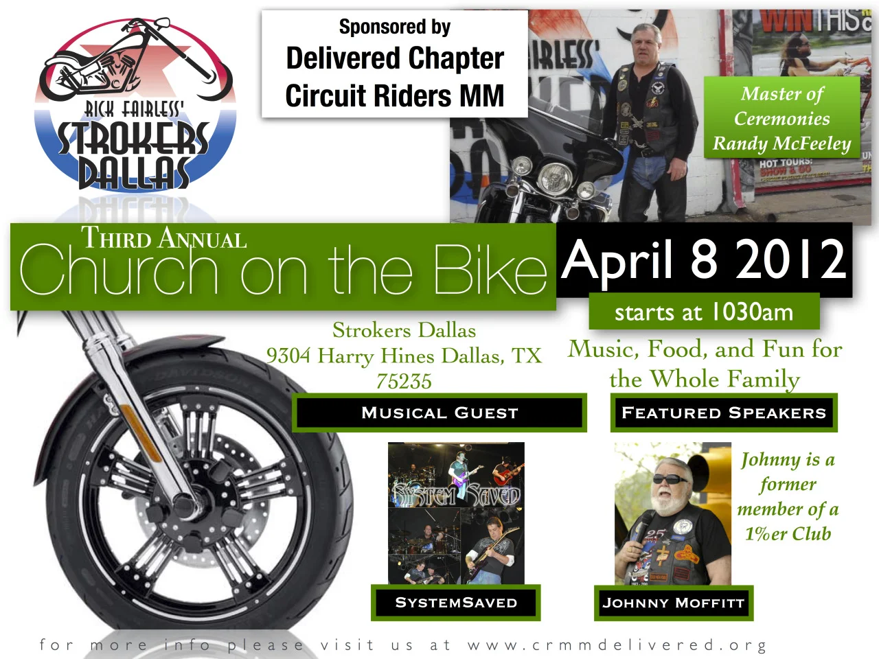 Join us this Easter at Church on the Bike Join me and Delivered Chapter of Circuit Riders MM this Sunday, for our Annual Easter Service. Church on the Bike will be held once again at Rick Farless’ Strokers of Dallas.
There will be music and powerful testimonies of personal resurection. Bring your family and your lawnchair or motorcycle to sit on. There are also several picnic benches to sit at.
This has been one of our yearly favorites and we look forward to seeing you out here!