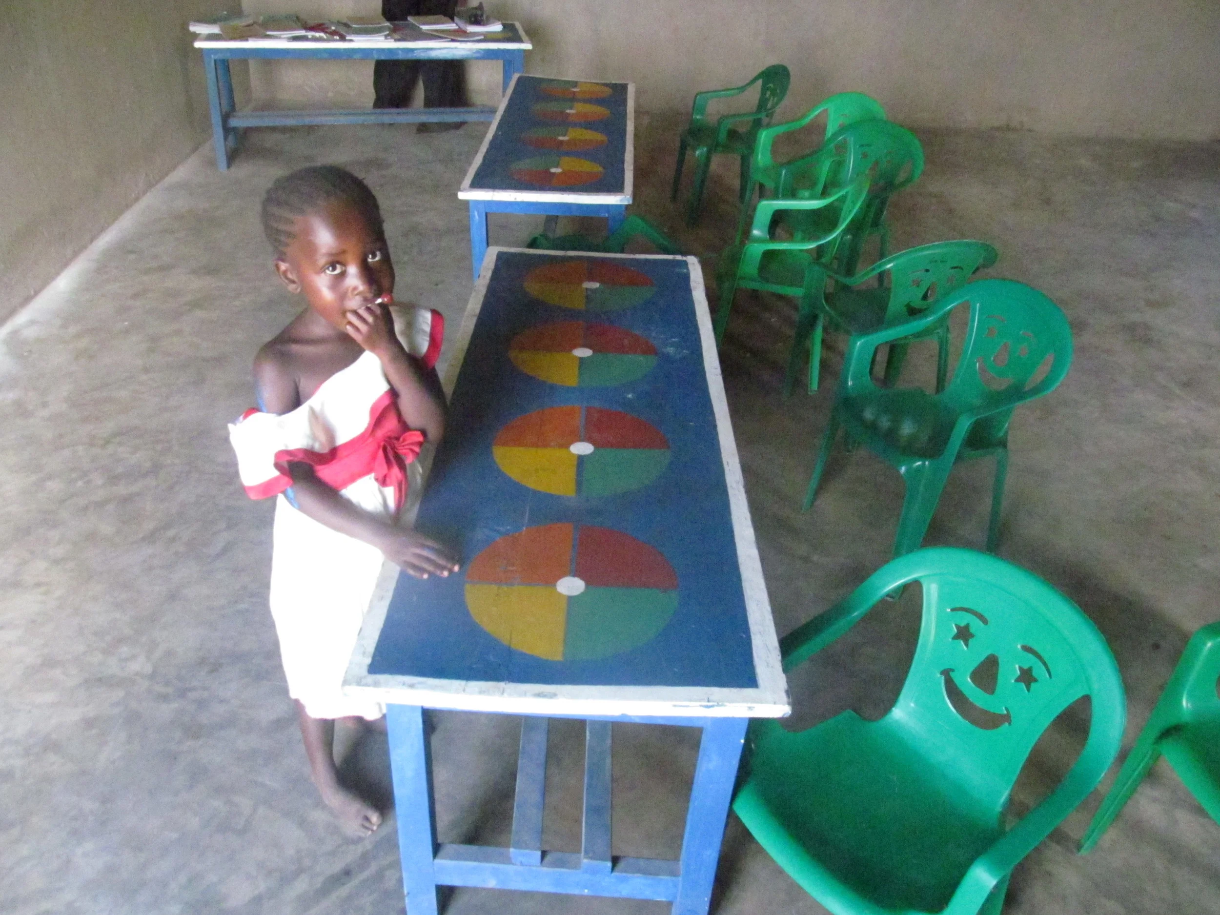 Photo op for this little one in her new classroom, just love the happy face chairs!