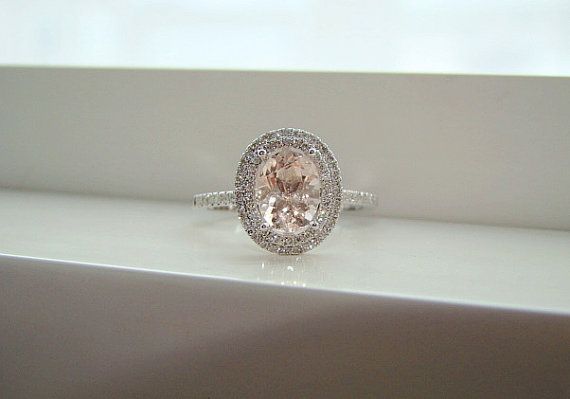 Oval Halo Peach Morganite Diamond Ring Gemstone Engagement Ring.