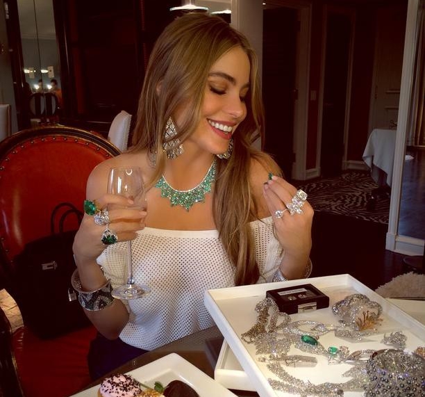 Sofia Vergara trying on Lorraine Schwartz diamonds.