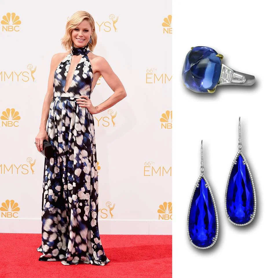 Black halter gown with an exploded keyhole cutout and an abstractly blurred, blue and white recurring floral print.