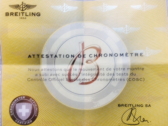 Officially Certified Chronometer Certificate.