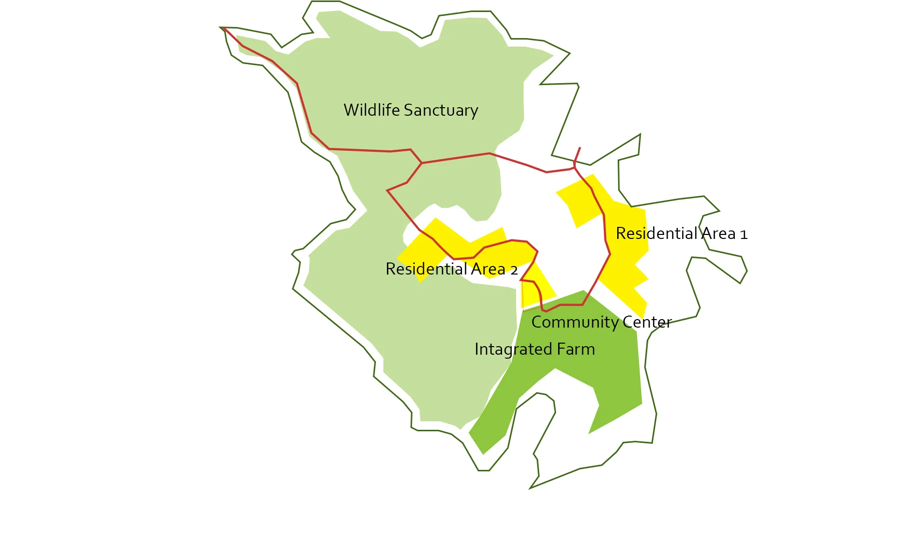 Land-use map of SEED in Costa Rica showing wildlife sanctuary, residential areas, community center, integrated farm, and shared ecological zones.