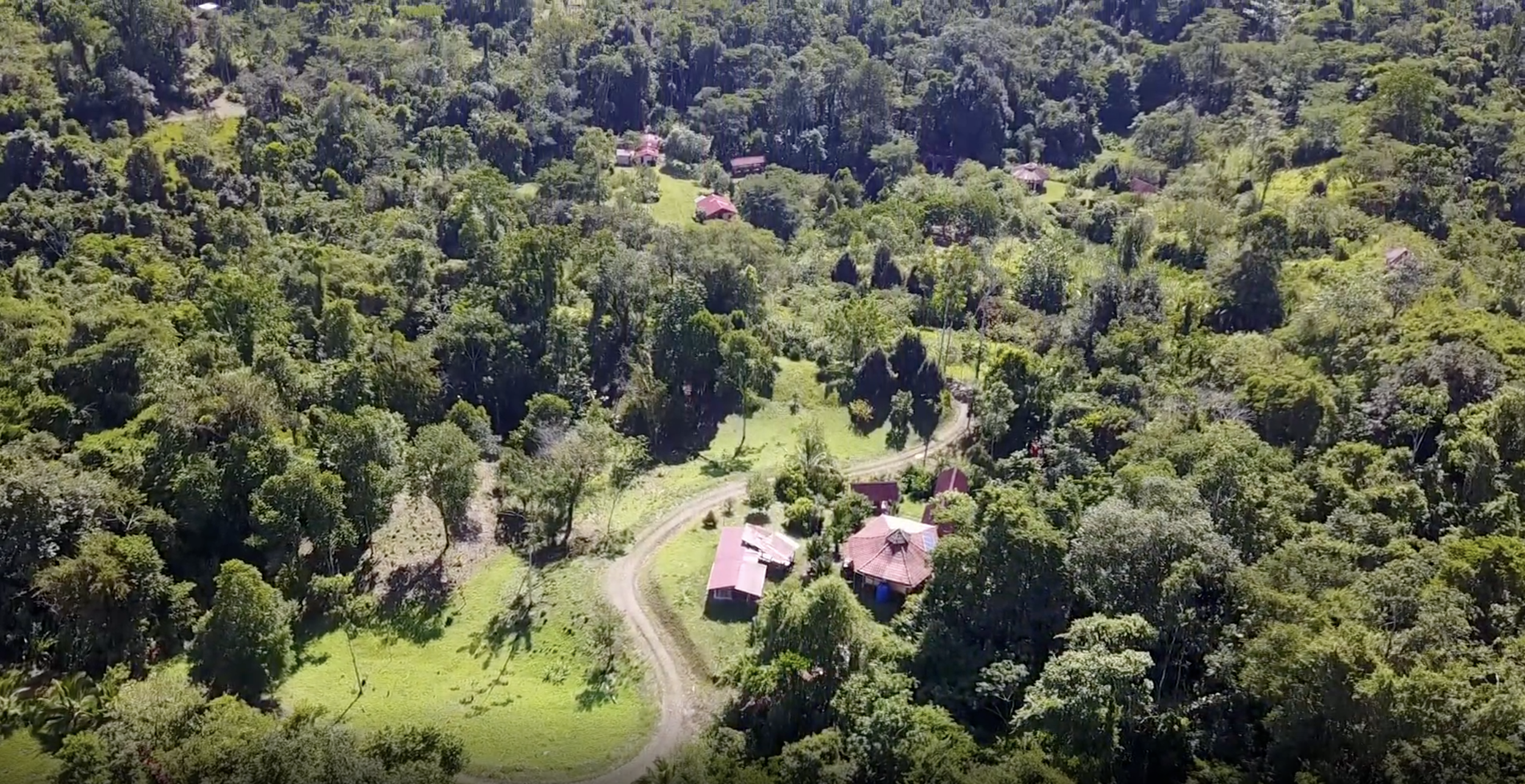 Aerial view of SEED showing residential areas, access roads, forest, and open land within an ecological community in Costa Rica.