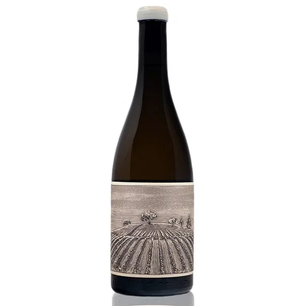 A dark glass bottle of wine with a black-and-white landscape label featuring a vineyard scene.
