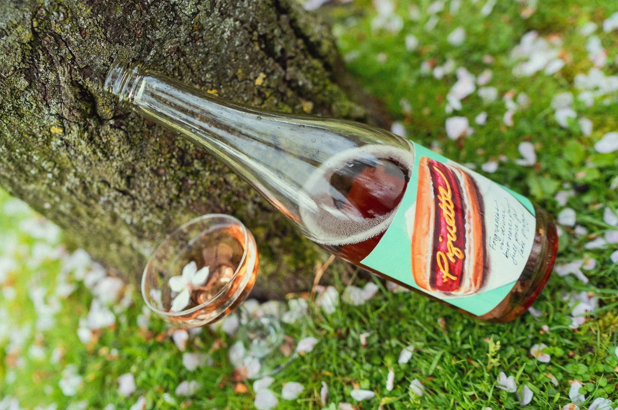 A bottle of our Piquet, lying on the grass next to a small glass with white flower petals, by a tree trunk.