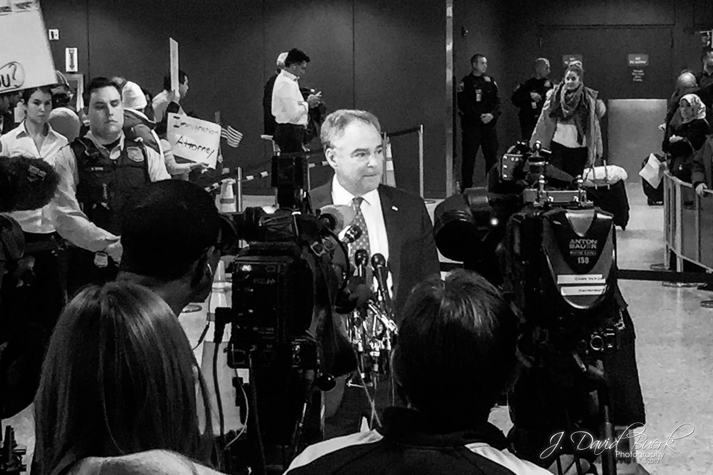 Virginia Senator Tim Kaine (D) addresses media to discus legal action the Commonwealth of Virginia is taking in opposition to the travel ban.